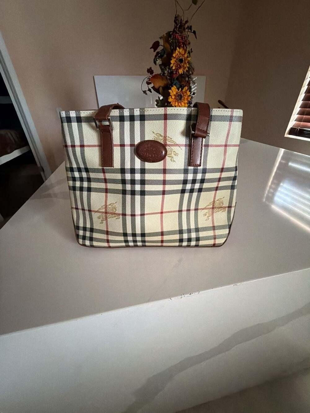 Burberry Vintage Burberrys Tote Bag Nova Check Brown Leather